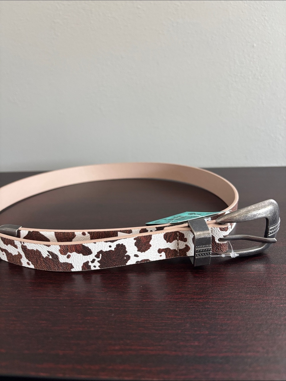 Cowhide Print Leather Belt in Brown and White